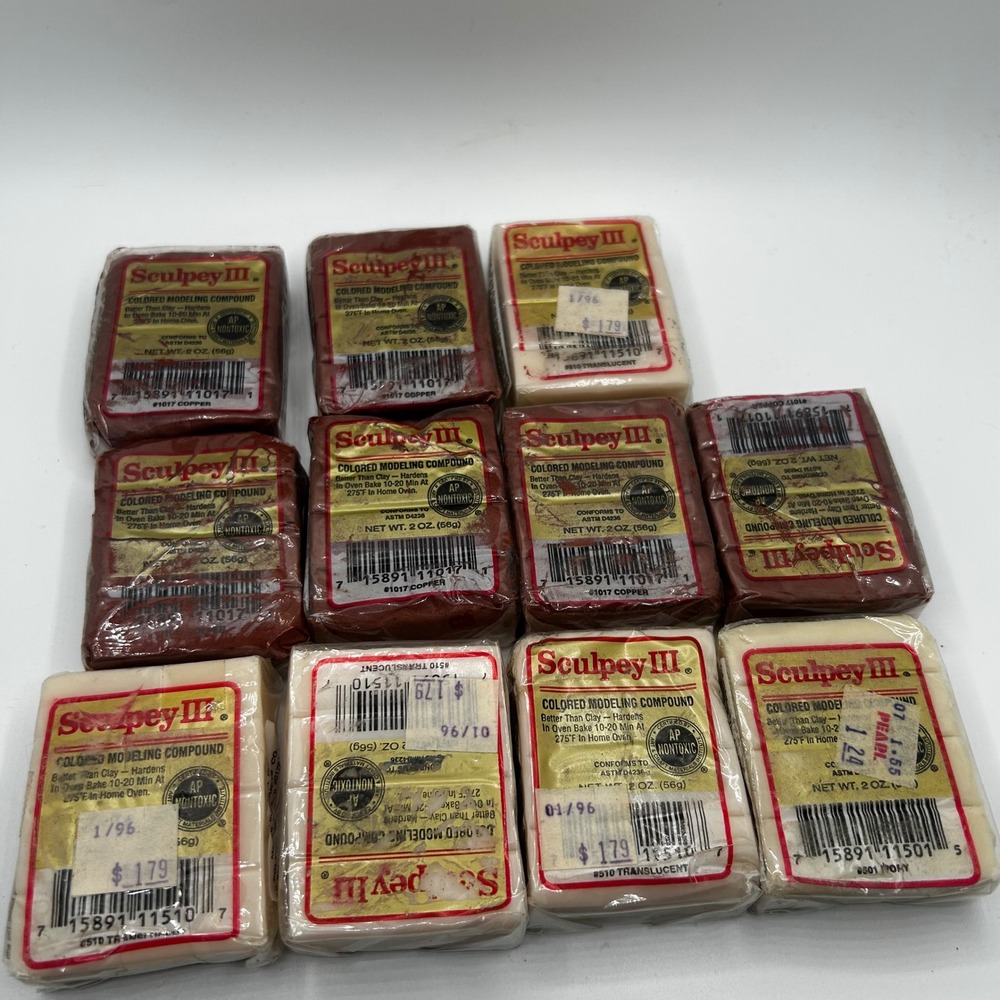 Sculpey III Polymer Clay Lot 11 Bars 2oz Copper Translucent Ivory Oven Bake New
